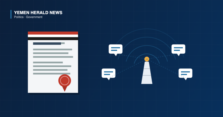 Illustration of a Yemeni government decree bearing a red wax seal beside a broadcast tower sending messages to four speech bubbles, representing a new government communication center