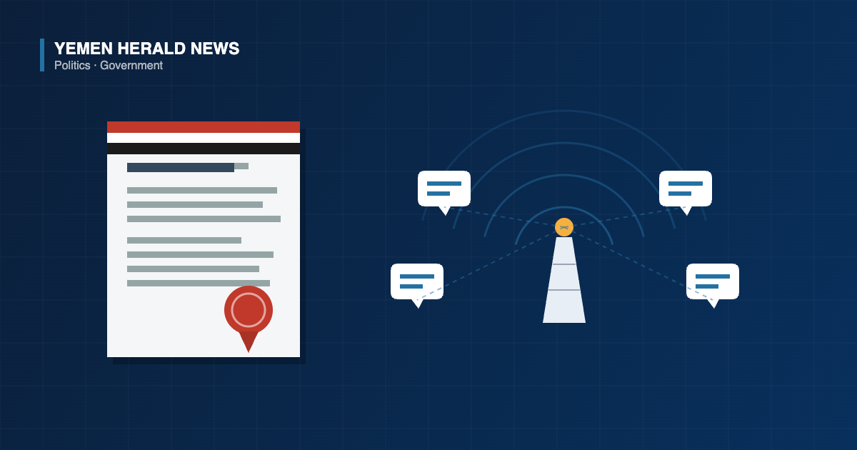 Illustration of a Yemeni government decree bearing a red wax seal beside a broadcast tower sending messages to four speech bubbles, representing a new government communication center