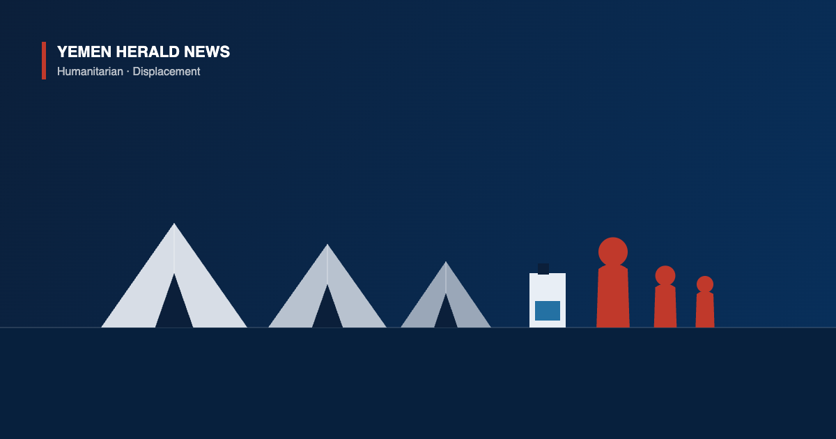 Illustration of displacement tents, a water container and a family group