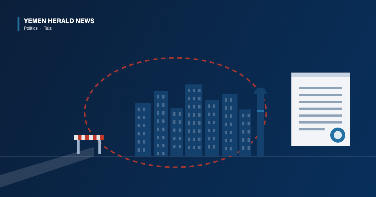 Illustration of a besieged Taiz skyline ringed by a dashed line, a road barrier and a sealed government document