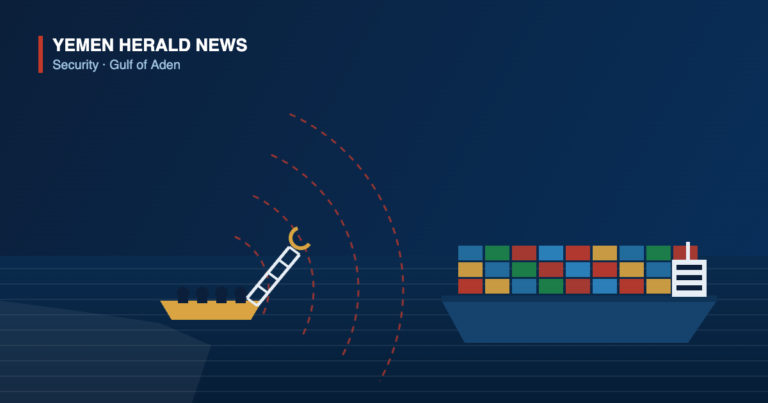 Illustration of a small skiff carrying a boarding ladder and hook approaching a container ship in the Gulf of Aden