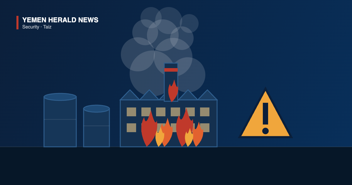 Illustration of a burning chemicals plant with storage tanks, a smoke plume and a hazard warning sign.