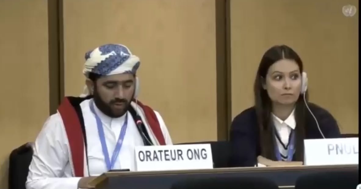 Jamal al-Maamari of the Irada Organization speaks from an NGO seat at a UN Human Rights Council session in Geneva
