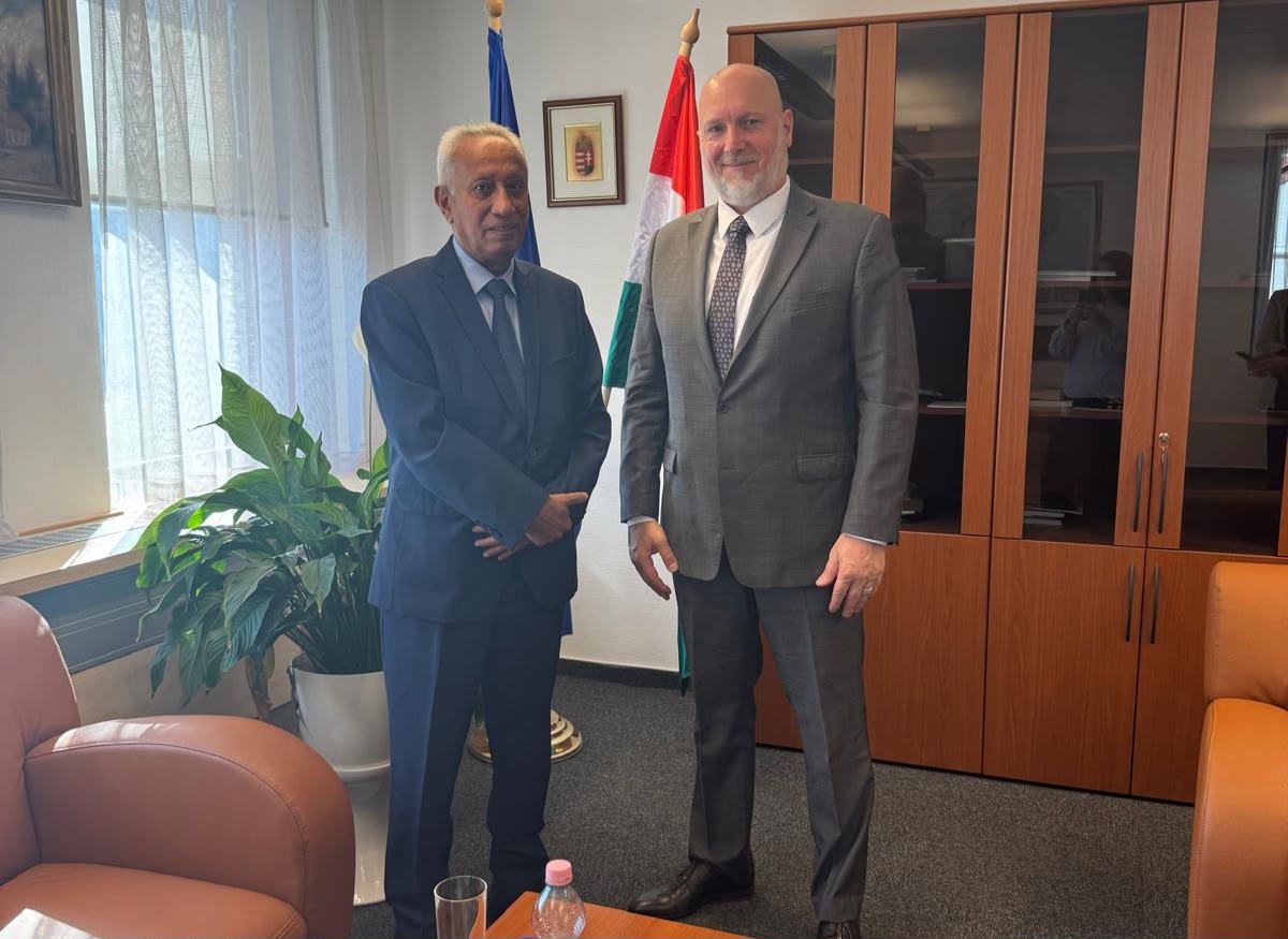 Yemeni chargé d’affaires Ahmed Naji stands beside a Hungarian foreign ministry official in a Budapest office, with the Hungarian flag behind them