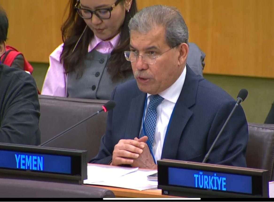Yemen's permanent representative speaks from the Yemen seat during a United Nations Security Council session