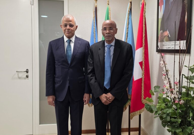 Yemeni deputy foreign minister Mustafa Noman stands with Djibouti interior minister Omar Abdi Said beside Djiboutian and Swiss flags