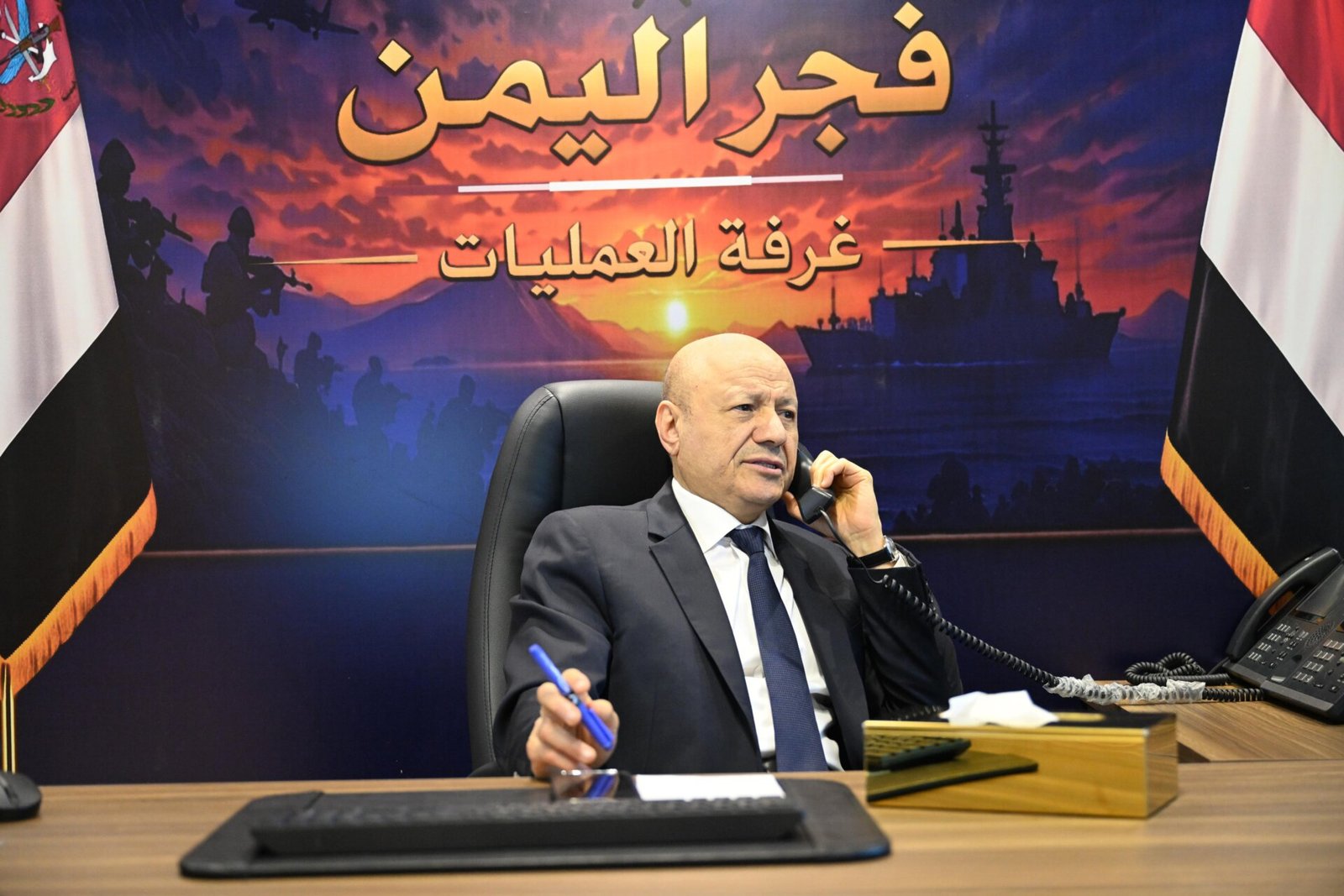 President Rashad al-Alimi seated at a desk speaking on a telephone, with Yemeni flags and a Dawn of Yemen backdrop behind him