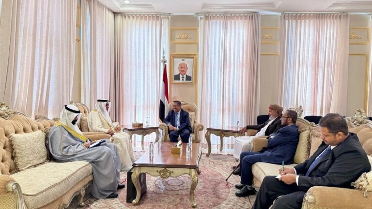 Ahmad Obaid bin Daghr seated with Kuwait ambassador Falah al-Mutairi during talks in Riyadh