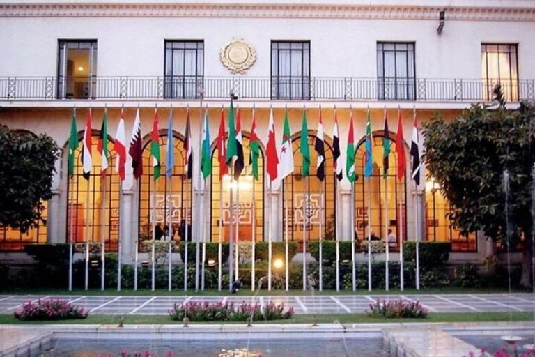 Flags of member states outside the Arab League headquarters in Cairo