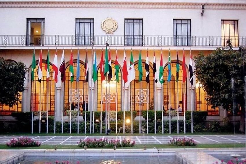 Flags of member states outside the Arab League headquarters in Cairo