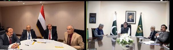 Split-screen video call showing a Yemeni delegation seated beside the Yemeni flag and a Pakistani delegation beside the Pakistani flag during a virtual meeting of the two parliament speakers