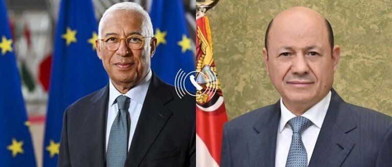 Composite portrait of European Council President Antonio Costa and Yemeni President Rashad al-Alimi joined by a telephone call symbol