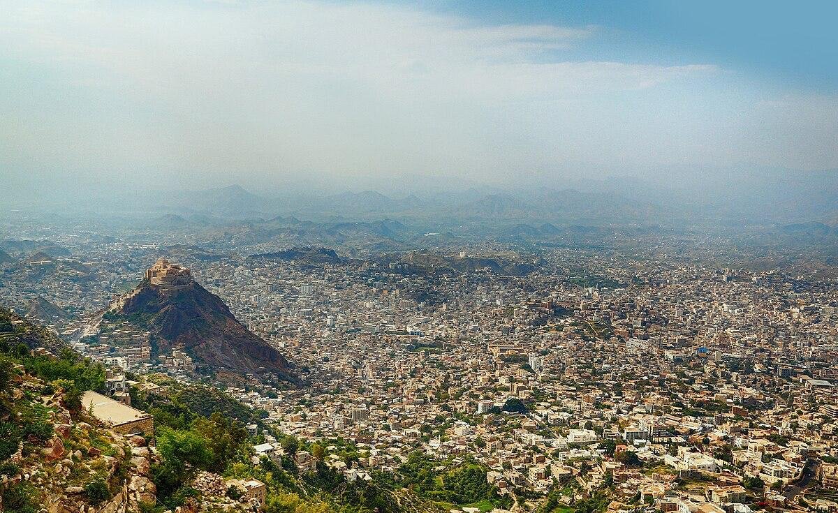 A hillside view of Taiz city, Yemen, beneath Jabal Sabir