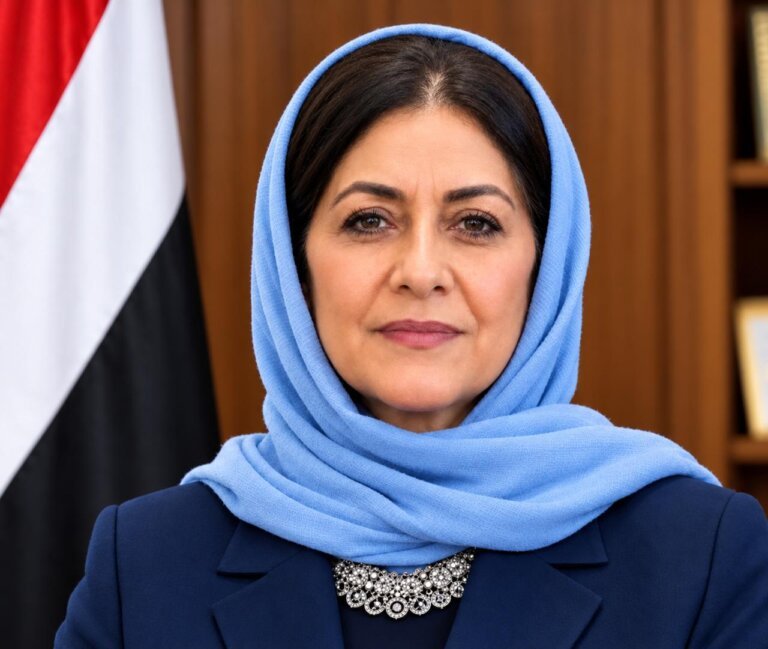 Yemeni Ambassador to the United States Jamila Ali Raja in front of the Yemeni flag