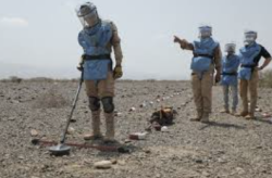 Deminers in protective aprons and visors sweep stony ground with metal detectors in Yemen