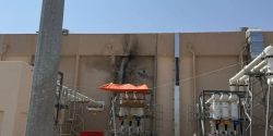 Scorched switchgear and damaged equipment at an electricity distribution station in Medina, Saudi Arabia