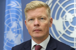 UN Special Envoy for Yemen Hans Grundberg speaking in front of a United Nations backdrop