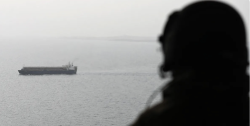 A cargo ship passes through the Bab al-Mandab Strait as an armed figure watches from the shore