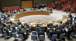 United Nations Security Council members seated around the chamber horseshoe table during a session on Yemen