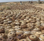 Rows of landmines and unexploded ordnance laid out on the ground after clearance by demining teams in Yemen