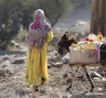 A woman carries a water container beside a donkey loaded with yellow jerrycans on rough ground at the edge of a Yemeni town