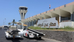 The terminal building and control tower of Aden International Airport in Yemen